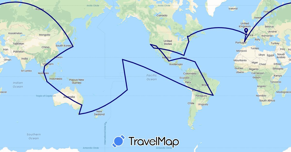 TravelMap itinerary: driving in Australia, Brazil, Canada, Cuba, Spain, France, United Kingdom, Indonesia, Japan, Cambodia, Mexico, Malaysia, United States (Asia, Europe, North America, Oceania, South America)